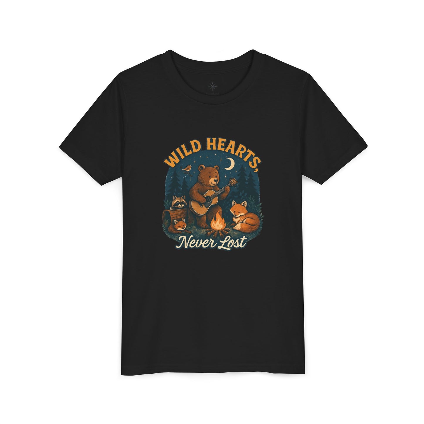 Youth Tee — Wild Hearts Never Lost Campfire Bear Kids Shirt