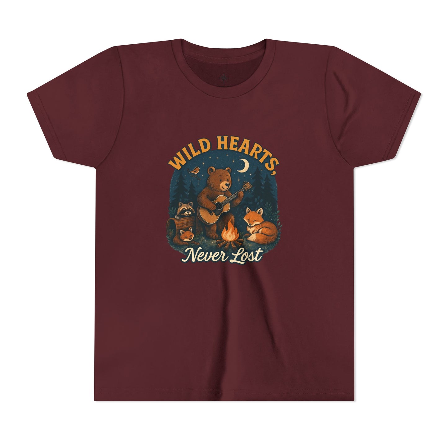Youth Tee — Wild Hearts Never Lost Campfire Bear Kids Shirt
