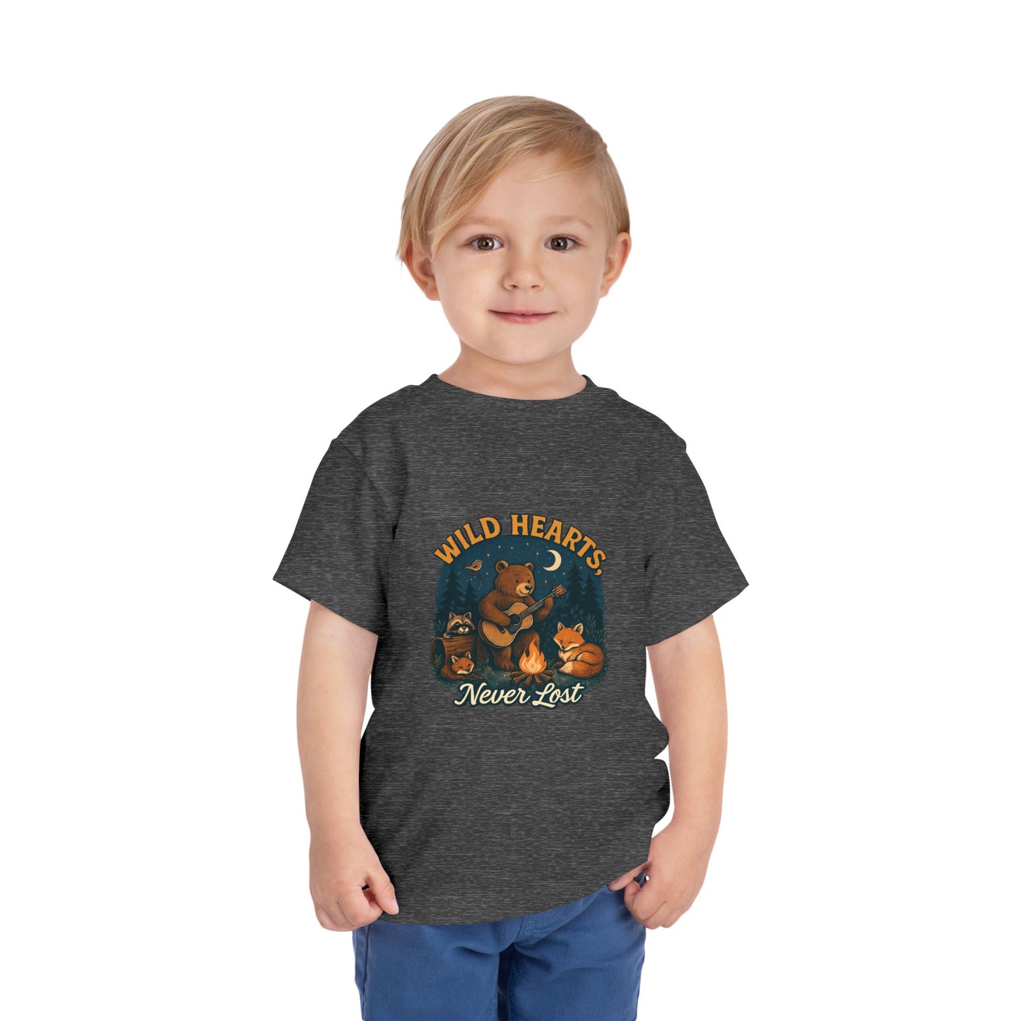 Wild Hearts Never Lost Toddler Tee — Bear Guitar Campfire Kids T-Shirt