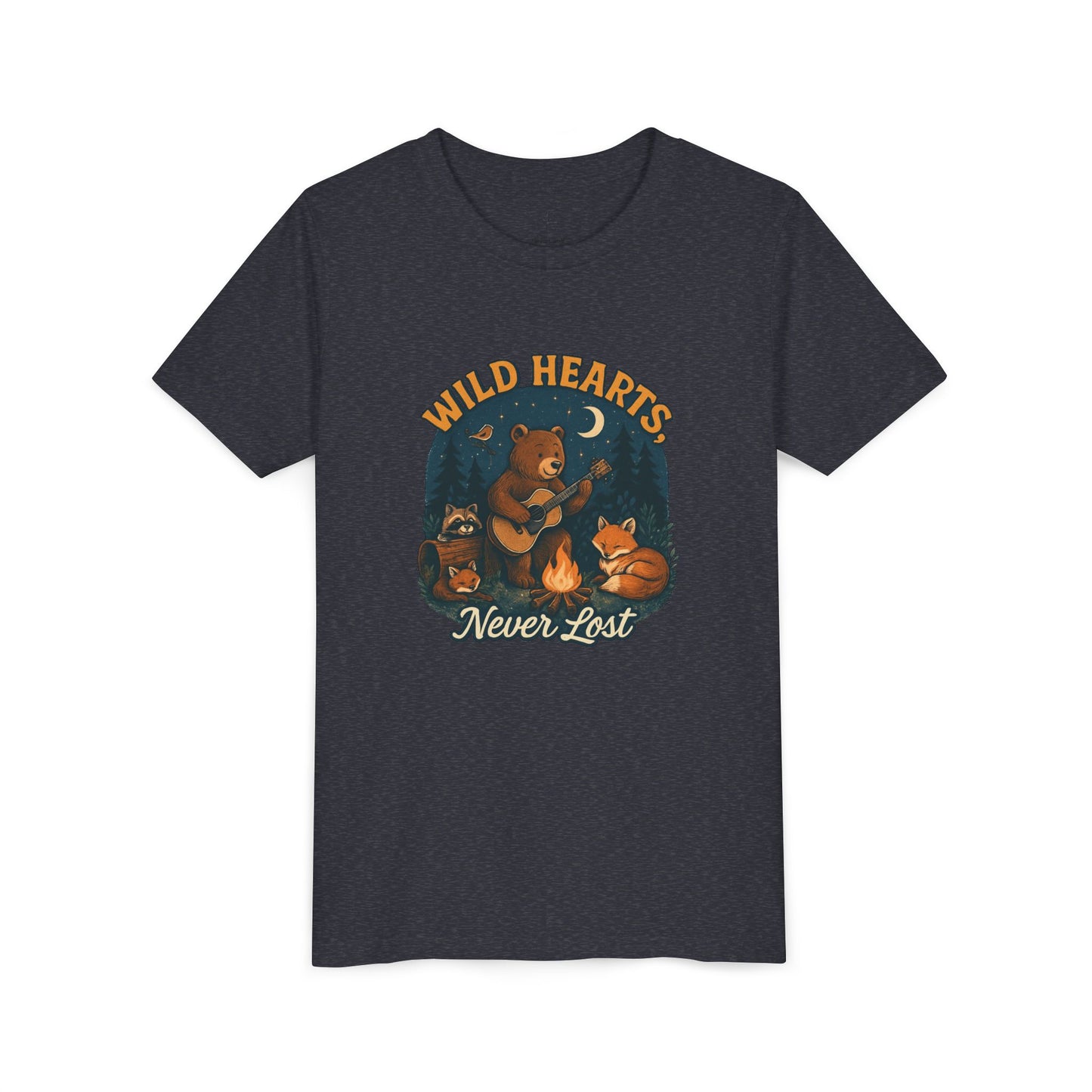 Youth Tee — Wild Hearts Never Lost Campfire Bear Kids Shirt