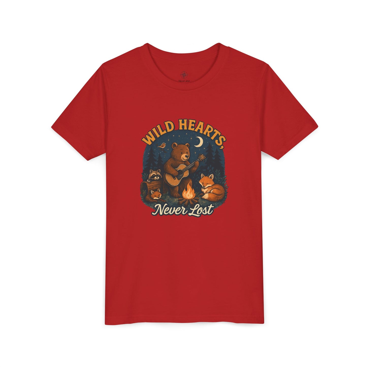 Youth Tee — Wild Hearts Never Lost Campfire Bear Kids Shirt
