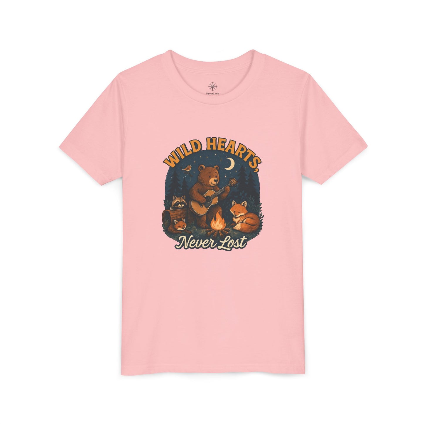 Youth Tee — Wild Hearts Never Lost Campfire Bear Kids Shirt