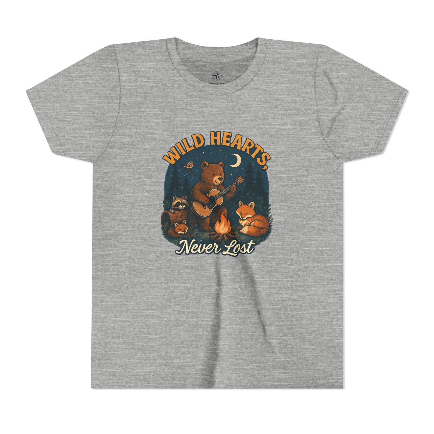 Youth Tee — Wild Hearts Never Lost Campfire Bear Kids Shirt