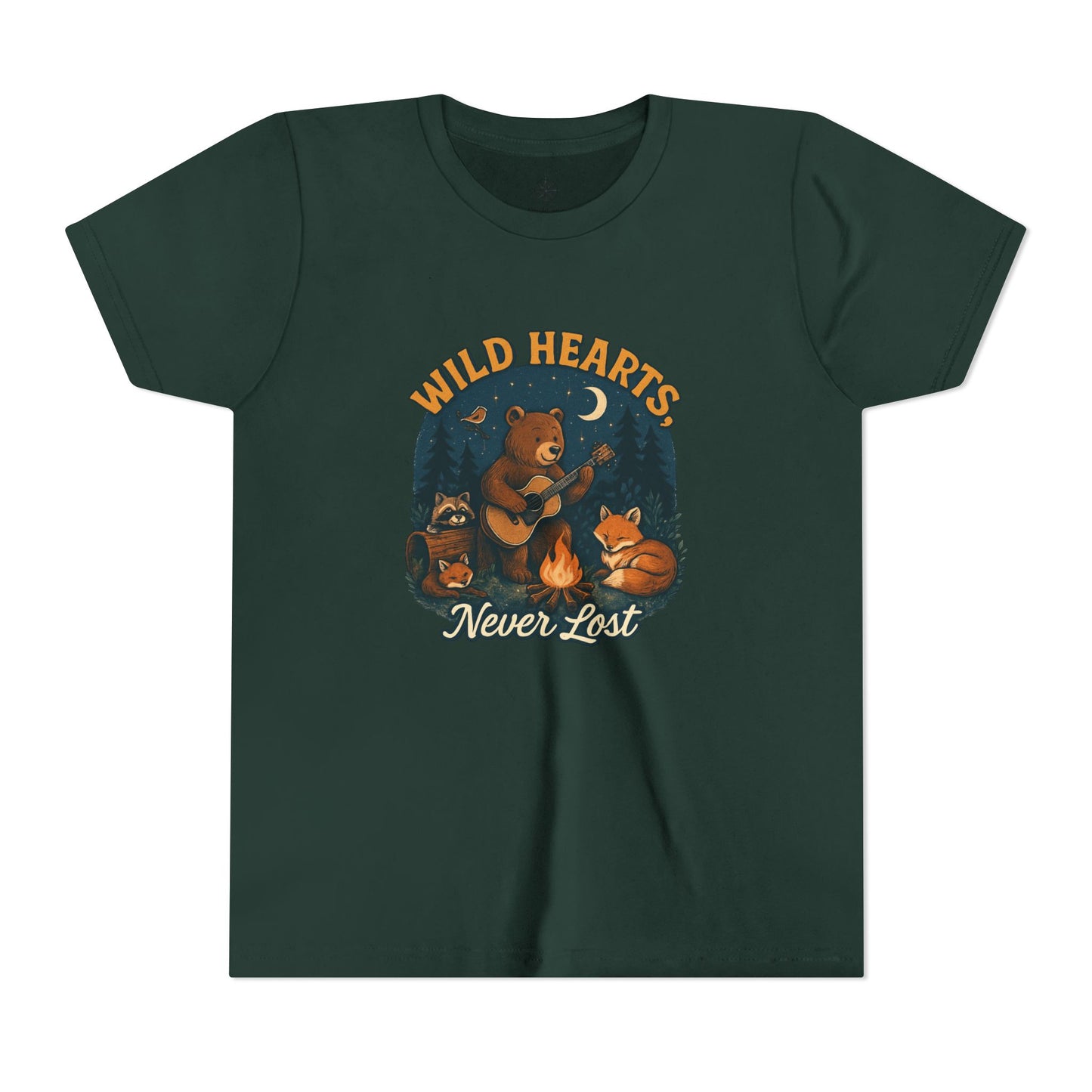 Youth Tee — Wild Hearts Never Lost Campfire Bear Kids Shirt