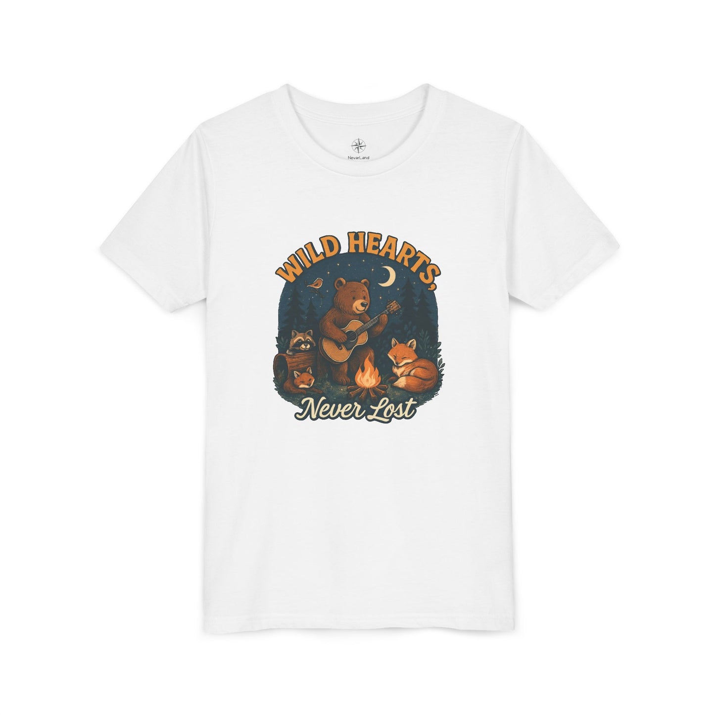 Youth Tee — Wild Hearts Never Lost Campfire Bear Kids Shirt