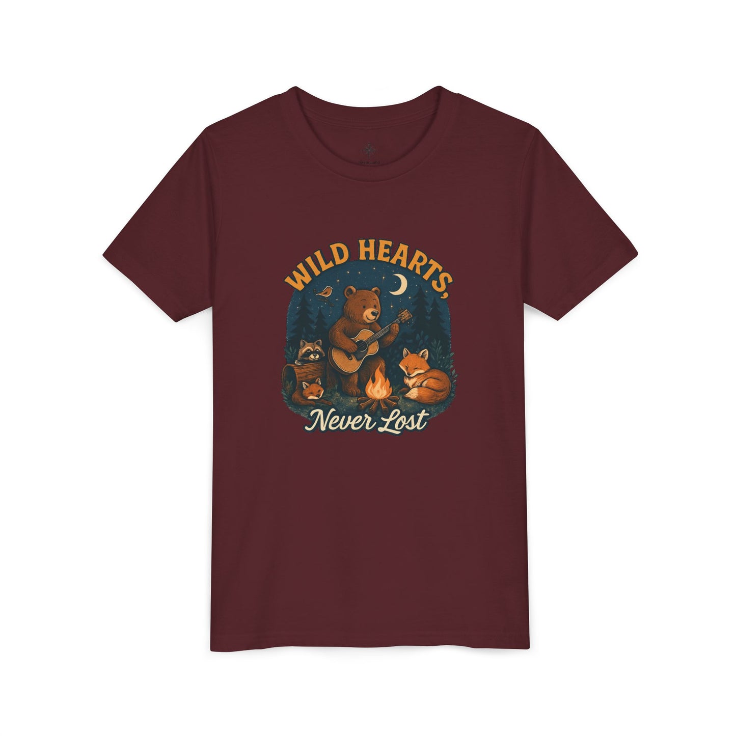 Youth Tee — Wild Hearts Never Lost Campfire Bear Kids Shirt