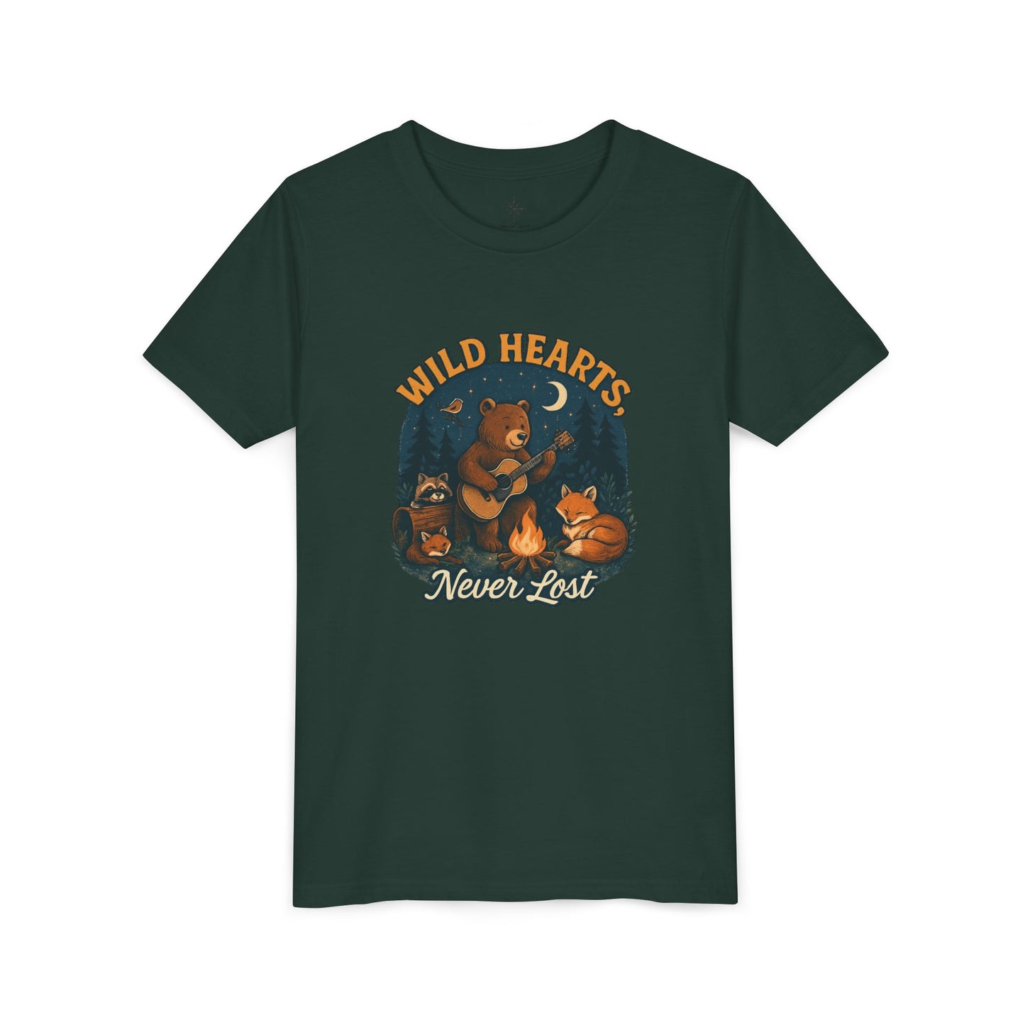 Youth Tee — Wild Hearts Never Lost Campfire Bear Kids Shirt