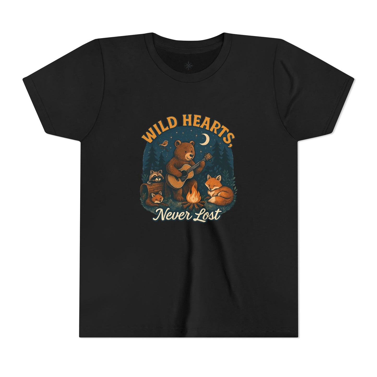 Youth Tee — Wild Hearts Never Lost Campfire Bear Kids Shirt