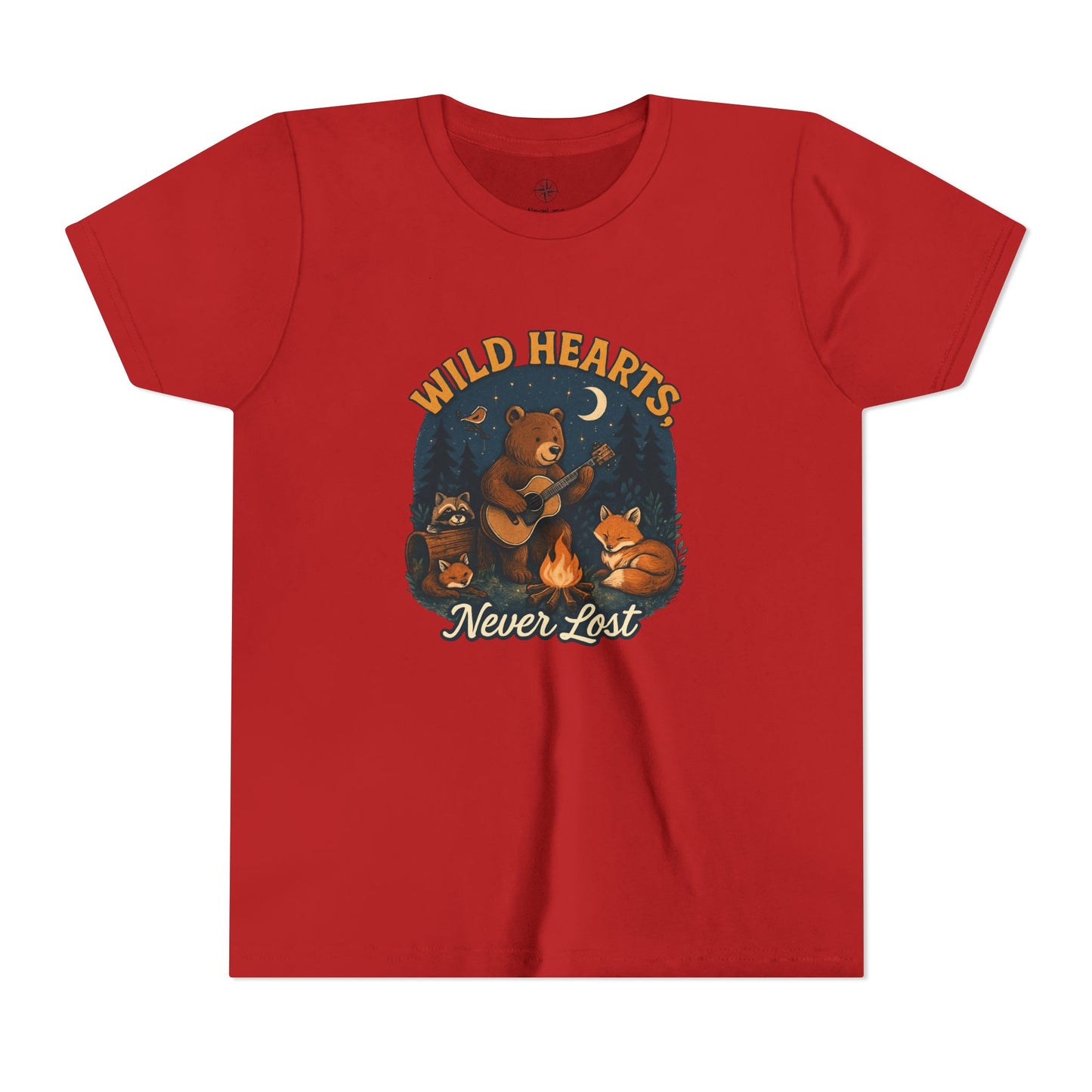 Youth Tee — Wild Hearts Never Lost Campfire Bear Kids Shirt