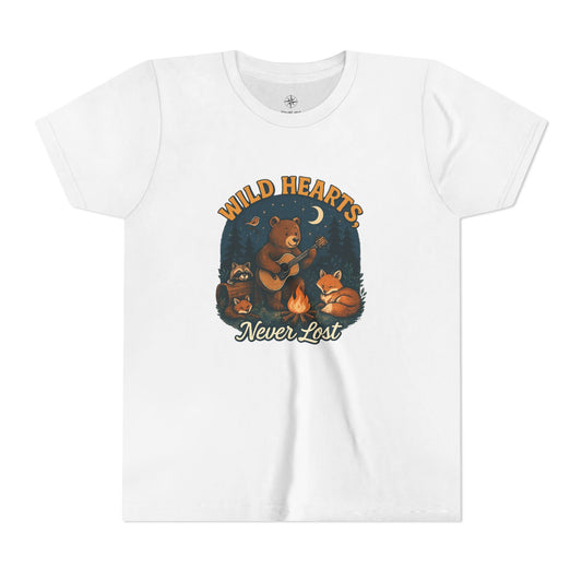 Youth Tee — Wild Hearts Never Lost Campfire Bear Kids Shirt